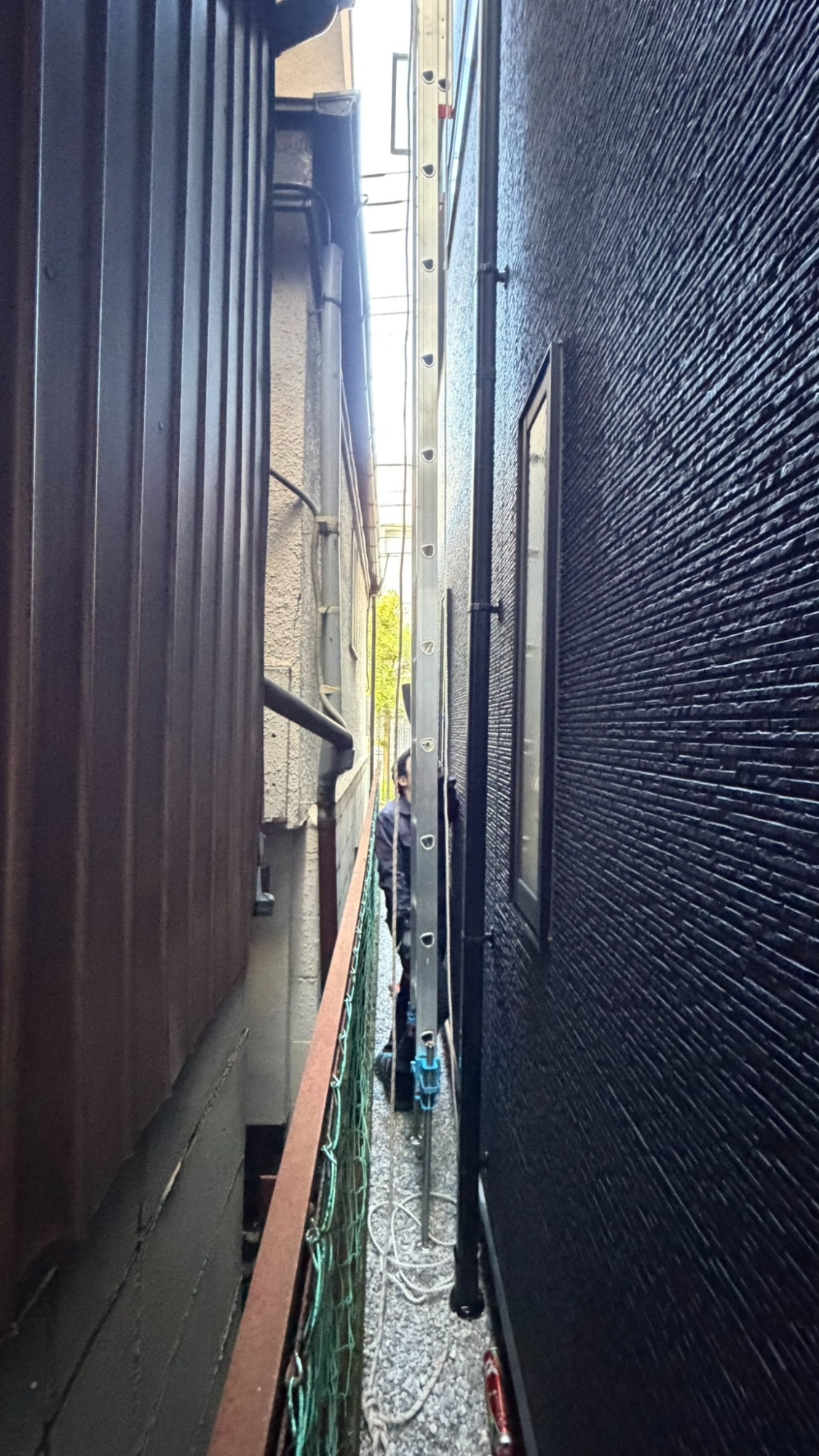 建物間の奥に垂直に設置されたハシゴ