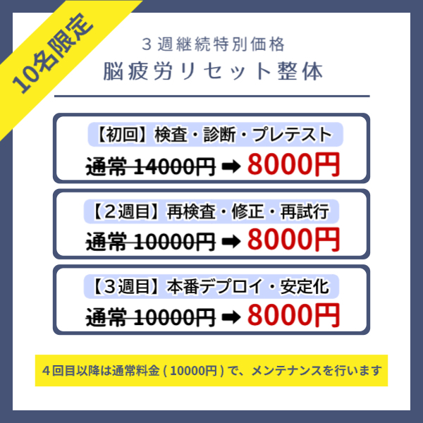 初回：システム診断、2週目：パッチ適用、3週目：本番デプロイ・安定化。3週継続で各8,000円の特別価格。初検料込み通常14,000円が大幅割引。4回目以降は通常メンテナンスへ移行。