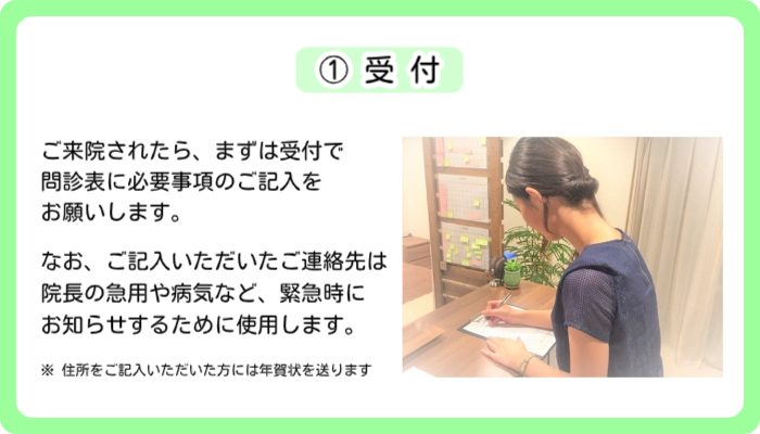 東京のスポーツ整体【神楽坂整体たいむ】にご来院いただいたら、まずは①受付をしていただきます。こちらでは、あなたの症状やお悩みがどのようなものなのか、問診表の流れに沿ってご記入いただきます。ご記入いただく内容については、難しく考える必要はありません。あなたの言葉で、あなたが感じている通りに書いてください。次の②問診の段階で、それらについていろいろと質問しますので、そこで専門的な内容との擦り合わせをさせていただきます。気楽にご記入ください。なお、いただいたご連絡先は当院からの緊急連絡時に使用します。当院【神楽坂整体たいむ】は院長が一人で営んでいるため、急な病気や親族の事情などで休診となることが考えられます。そのような際に、ご予約頂いていた患者さまに事情を説明し、ご予約の取り直しをお願いします。また、住所をご記入いただいた場合は、当院からの年賀状が届きます。不要でしたら住所はご記入にならないようお願いします。