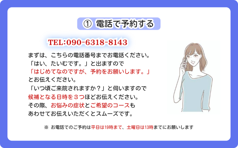 東京のスポーツ整体【神楽坂整体たいむ】のご予約方法、1つ目は「電話で予約する」です。まずは09063188143にお電話ください。当院が「はい、たいむです」と出ますので「はじめてなのですが、予約をお願いします」とお伝えください。当院から「いつ頃ご来院されますか?」と伺いますので、候補となるご予約日時を3個ほど決めてお伝えください。その際、お悩みの症状とご希望のコースも合わせてお伝えいただけるとスムーズです。なお、お電話でのご予約は、平日なら19時まで、土曜日でしたら13時までにお願いします。