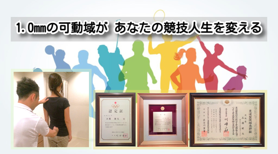 スポーツ整体のメインビジュアル。様々な競技のアスリートのシルエットを背景に「1.0mmの可動域があなたの競技人生を変える」のキャッチコピー。柔道整復師免許証やオリンピック強化指定選手の認定証、施術風景。