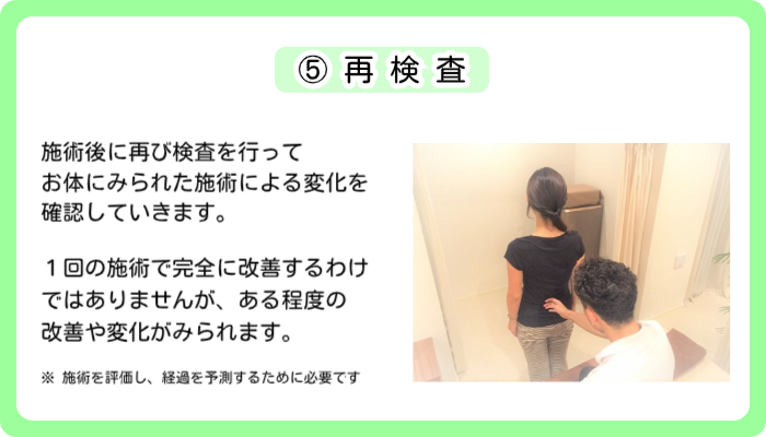 東京のスポーツ整体【神楽坂整体たいむ】にご来院いただき、④施術が終わりましたら、再度検査を行い、お体の状態や症状の変化を確認します。これを⑤再検査としています。再検査によって施術の効果判定を行い、どの施術が効果的だったかを判断するのですが、これによってあなたの場合はどのゆがみの影響を強く受けていたのかがわかります。
