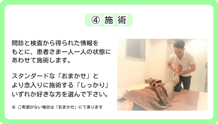 東京のスポーツ整体【神楽坂整体たいむ】にご来院いただき、③検査まで終わりましたら、次はいよいよ④施術です。問診表にご記入いただいた内容と問診で得ることができた情報、それに検査で分かったお体の状態を合わせ、総合的に痛みやツラさの原因を特定します。そして、そこに至るための整体ロードマップを作製して、それに沿って施術を進めていきます。