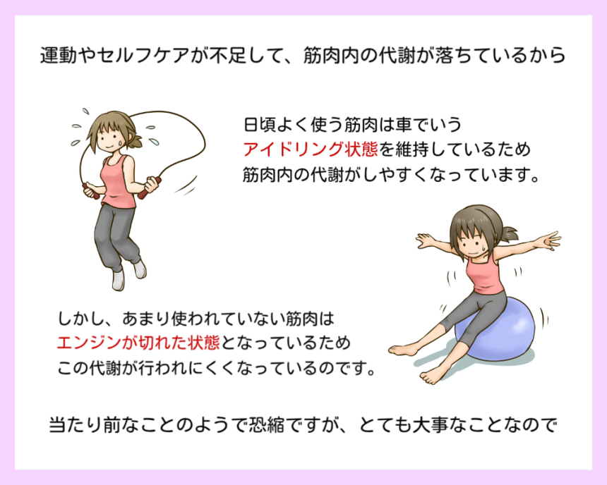 運動やセルフケアが不足することで筋肉内の代謝が落ちることを紹介した画像です