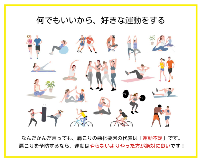 神楽坂整体たいむが推奨する肩こりの症状が和らいだ状態を維持するためのコツの１つ目「何でも良いから運動をする」ことを説明した画像です。