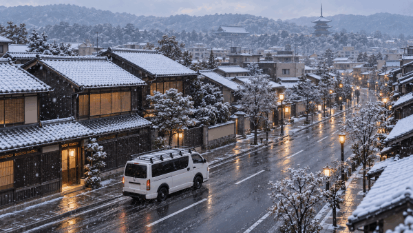冬の京都に暖かさを届けに走るハイエース号