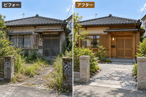 木の表情を生かした平屋の住まい:左ビフォー、右アフター
