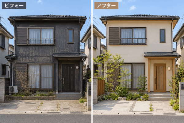 家族を迎える明るい玄関まわり:左ビフォー、右アフター