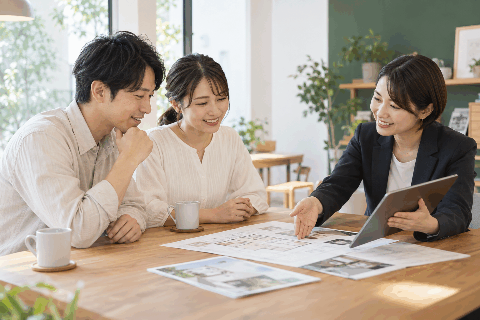 住宅購入について相談するご家族と担当者のAI生成イメージ