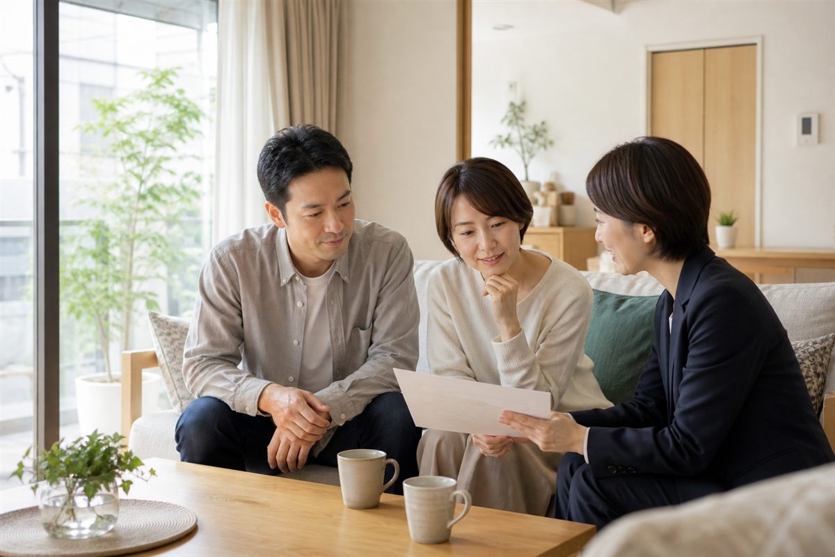自宅で不動産売却について相談する家族