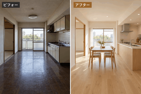 木のぬくもりが広がるダイニング:左ビフォー、右アフター