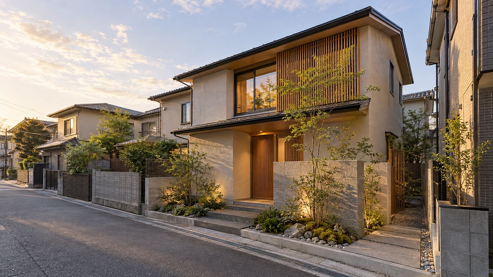 木と白い壁を合わせた注文住宅の参考外観