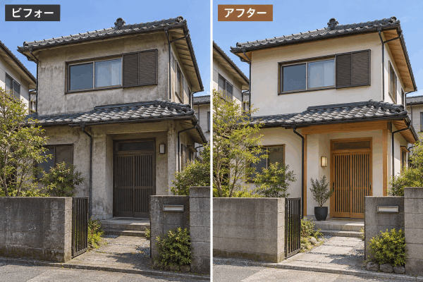 外壁と玄関を整える戸建てリノベ:左ビフォー、右アフター