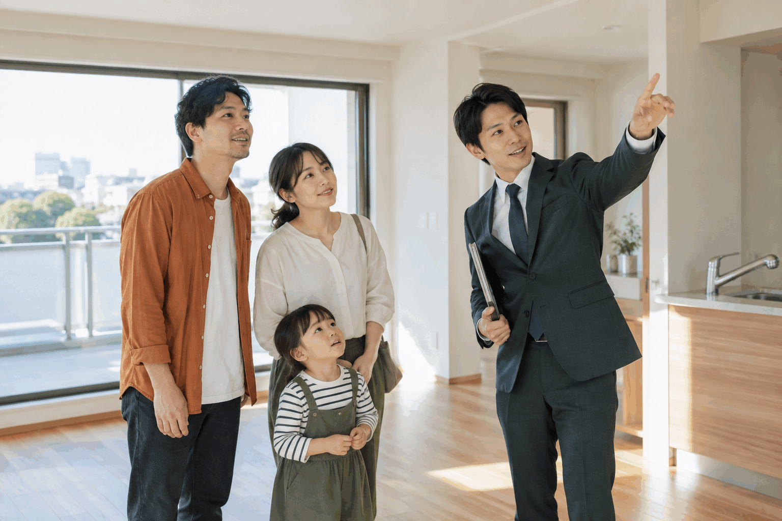 住まいを内見するご家族と担当者のAI生成イメージ