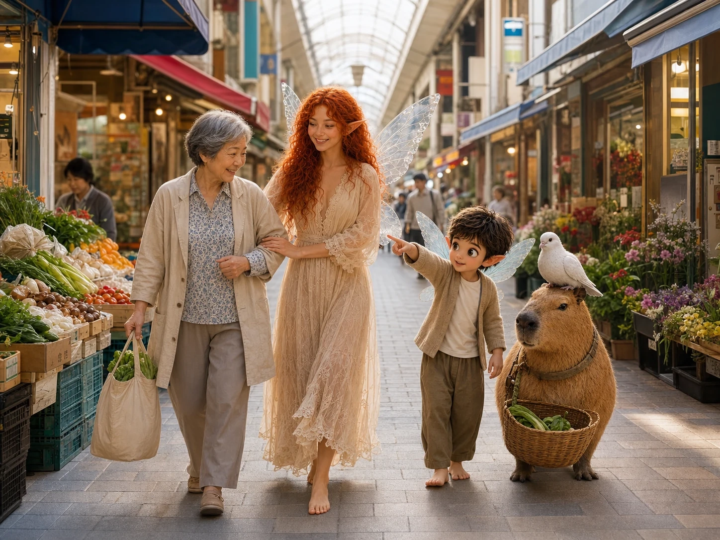 きてちゃんたちが横浜橋商店街を高齢者と歩く南区の生活圏イメージ写真