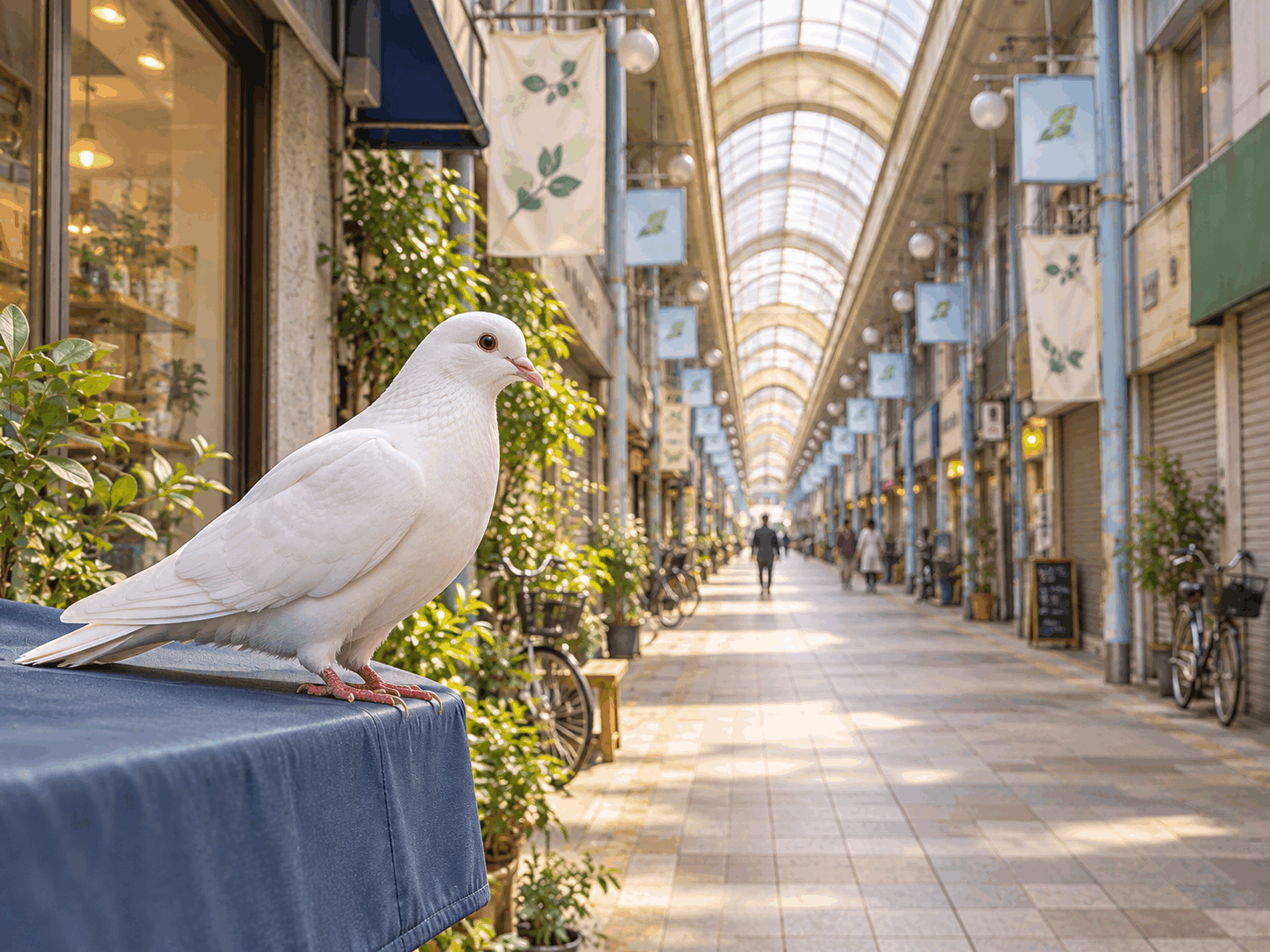 商店街の朝 — 白い鳩しーちゃんの物語