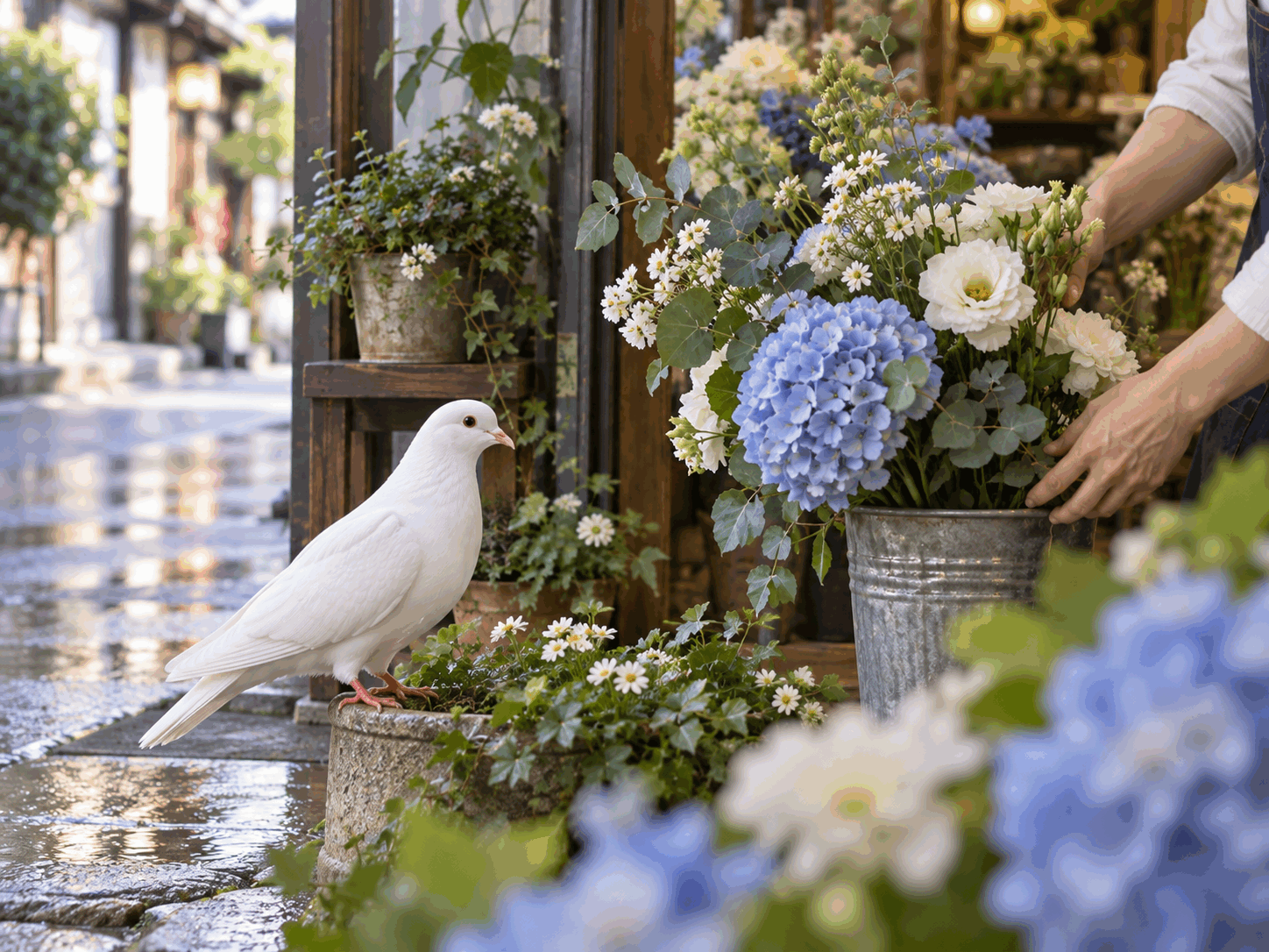 花屋さんの店先 — 白い鳩しーちゃんの物語