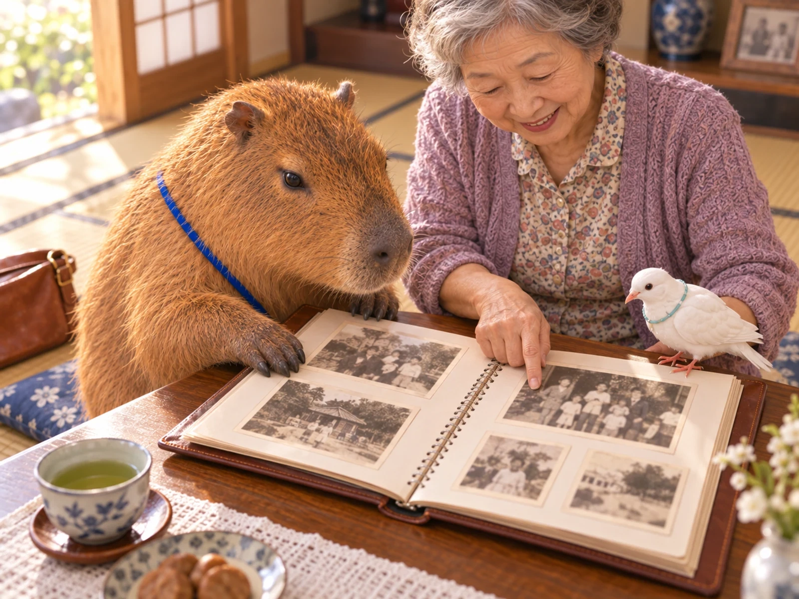 畳の部屋で家族のアルバムを囲み、思い出を聞くカピちゃんとしーちゃん