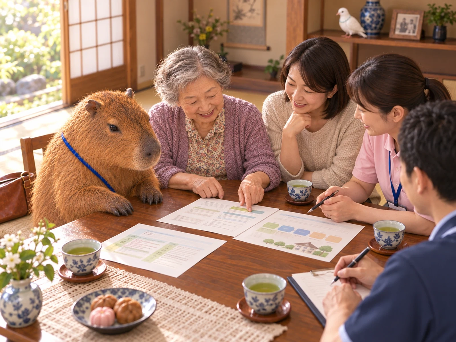 本人と家族と支援者が日本の食卓を囲み、暮らしの計画を話し合う様子