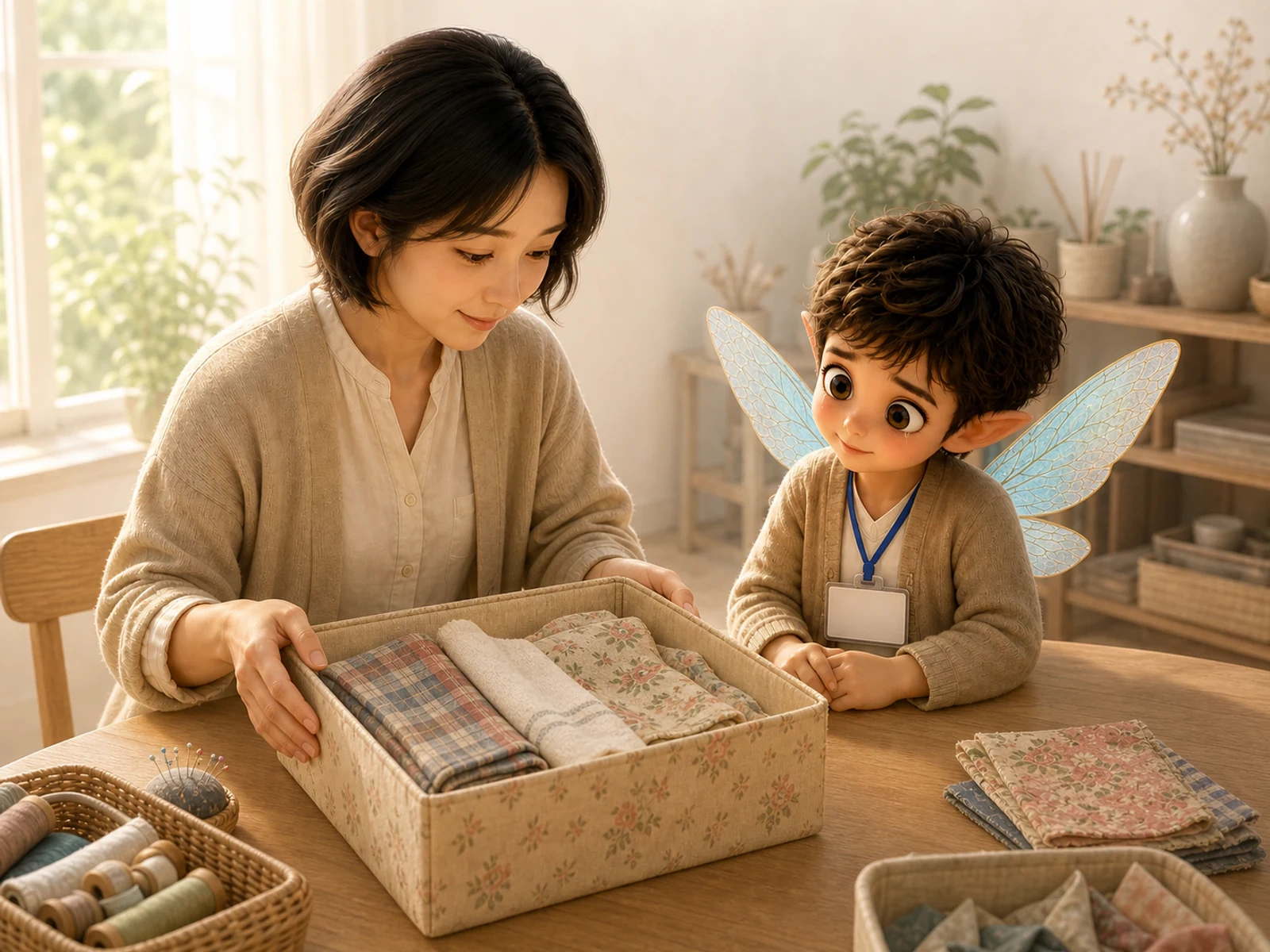 明るい部屋の机で古いエプロンやタオル、花柄の布が入った箱を開く家族と、そばで待つさばくん