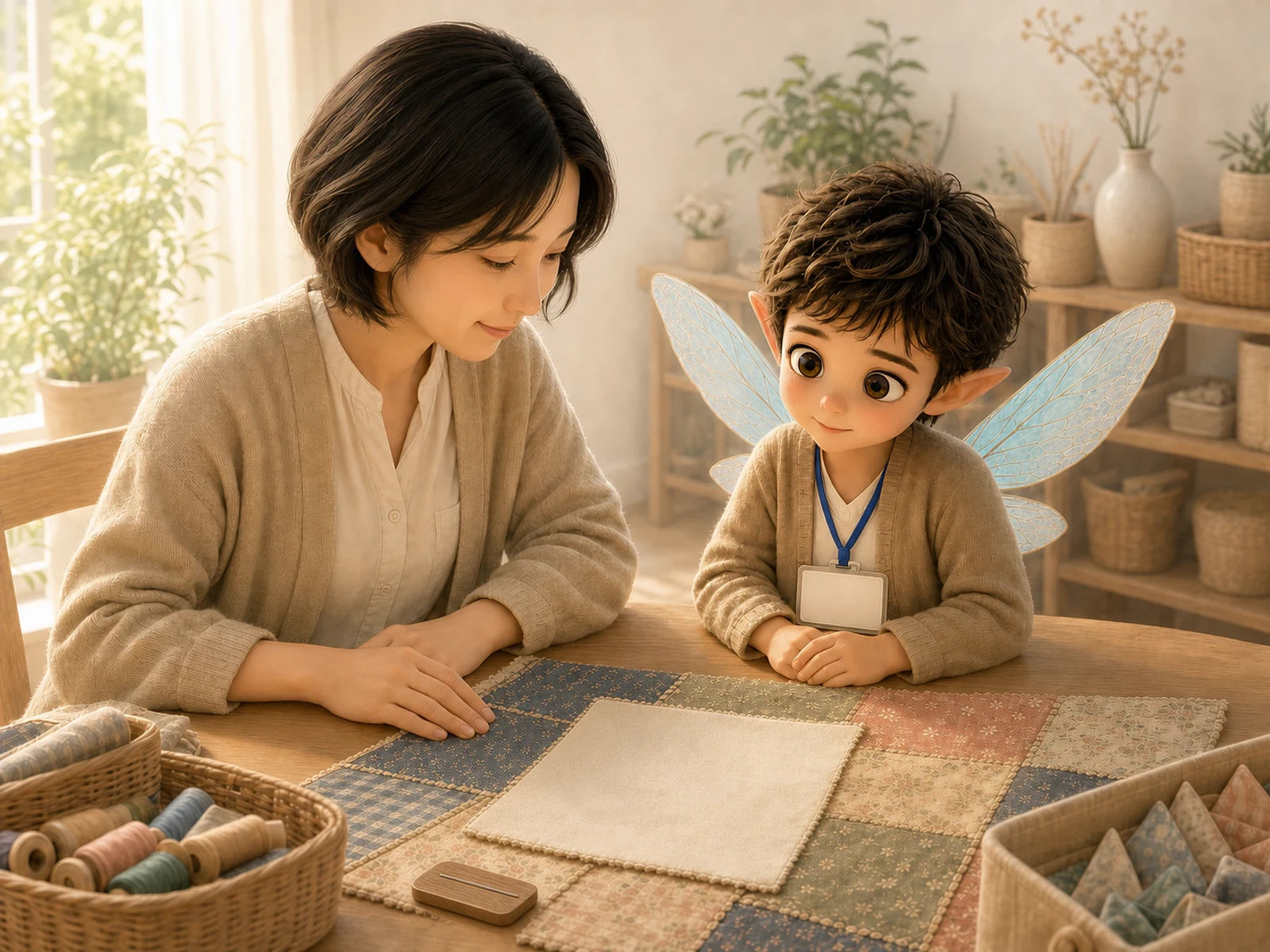 針を机へ安全に置き、何も縫わずに生成りの布の前で同じ沈黙に座る家族とさばくん