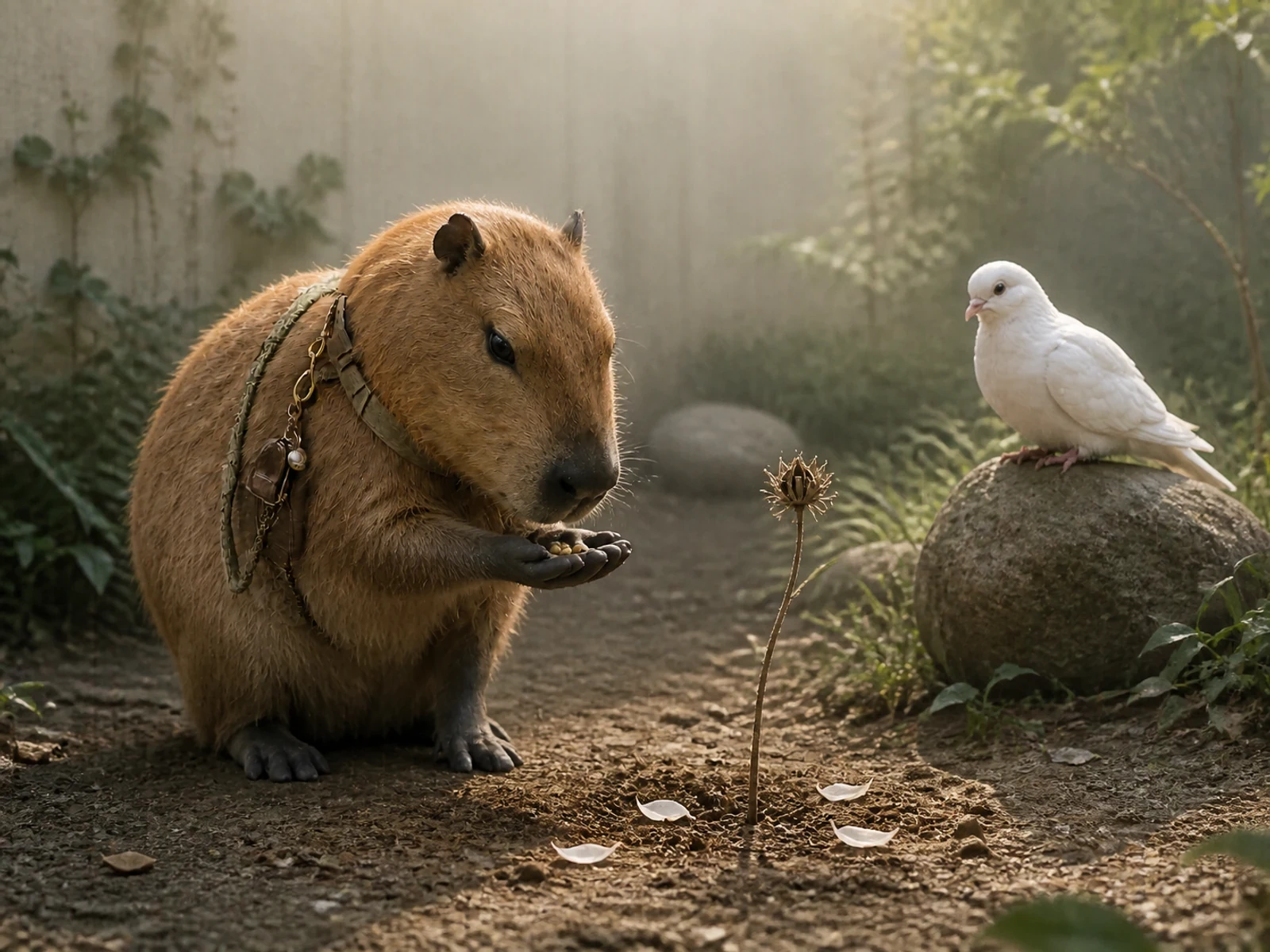 花びらの落ちた茎のそばで、開いた掌に残された種を見つめるカピちゃんと、静かに寄り添うしーちゃん