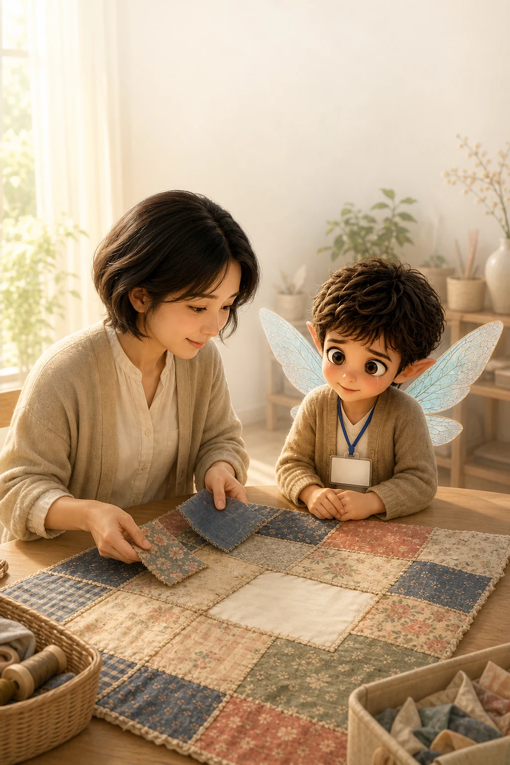 生成り色の余白を残したキルトを前に、涙をたたえたさばくんが家族と静かに布を見つめる場面