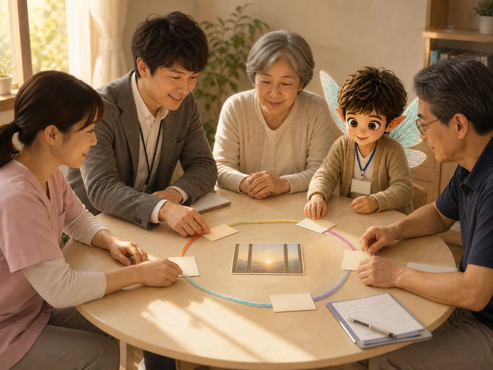 本人の暮らしを中心に役割と見直し時期を表す光の輪を円卓で整えるさばくんと支援者たち