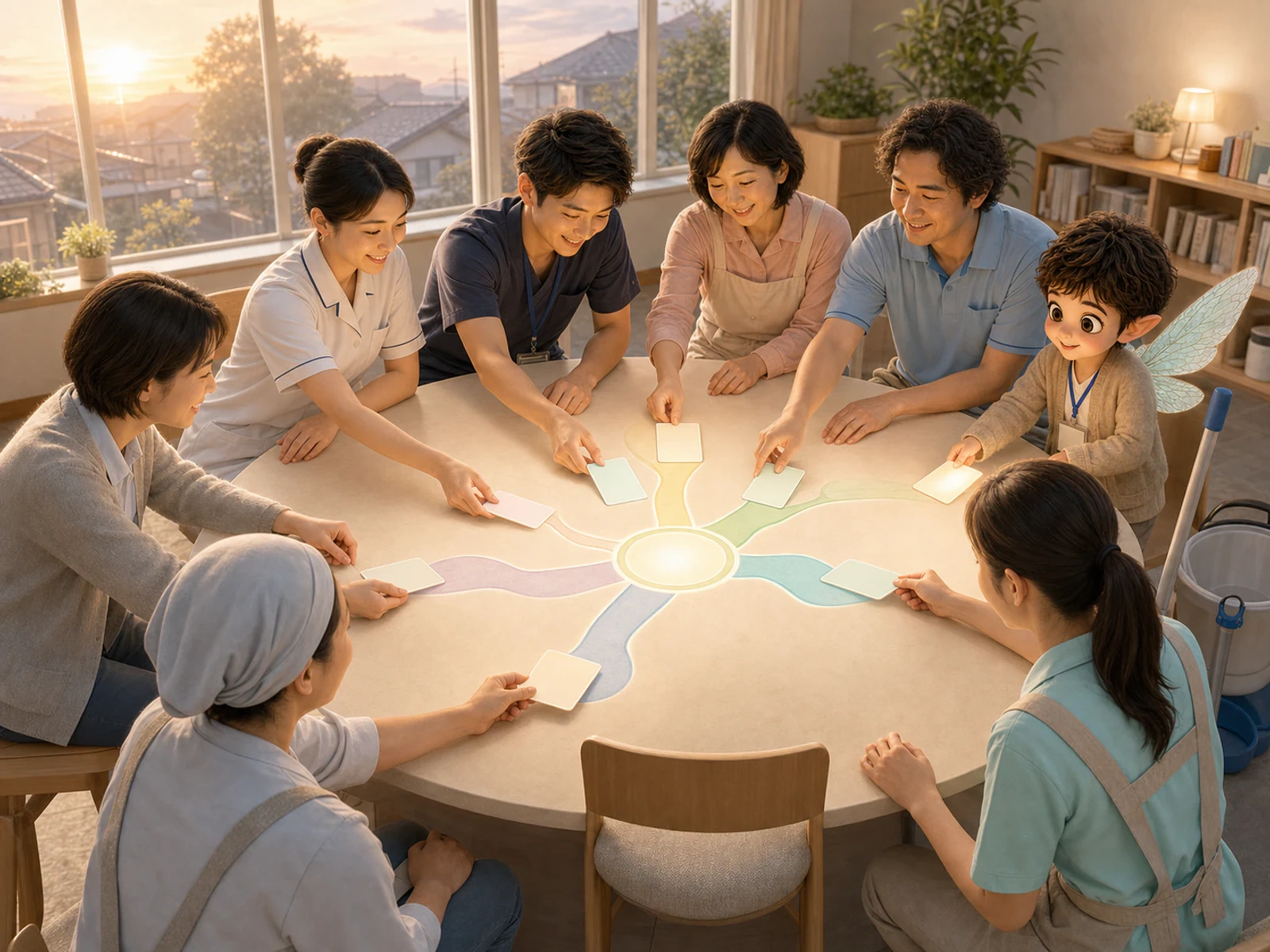 看護、介護、相談援助、調理、清掃などを担う人たちが、円卓で五色の光の地図へ役割を置く場面