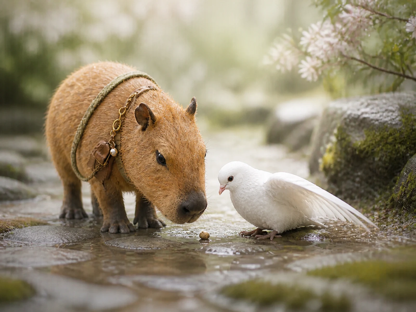 雨上がりの石畳で泥にまみれた一粒の種を見つけるカピちゃんと、羽で風を遮るしーちゃん