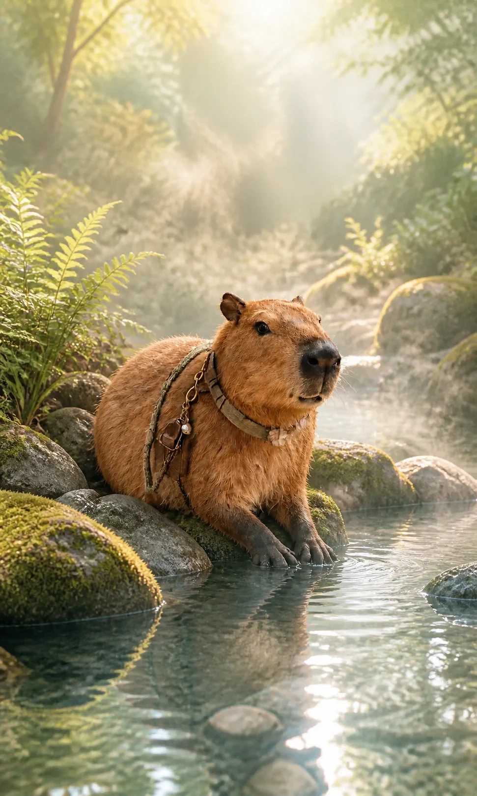 朝の森の温かな泉で淡い湯気に包まれ静かに水へ触れるカピちゃん