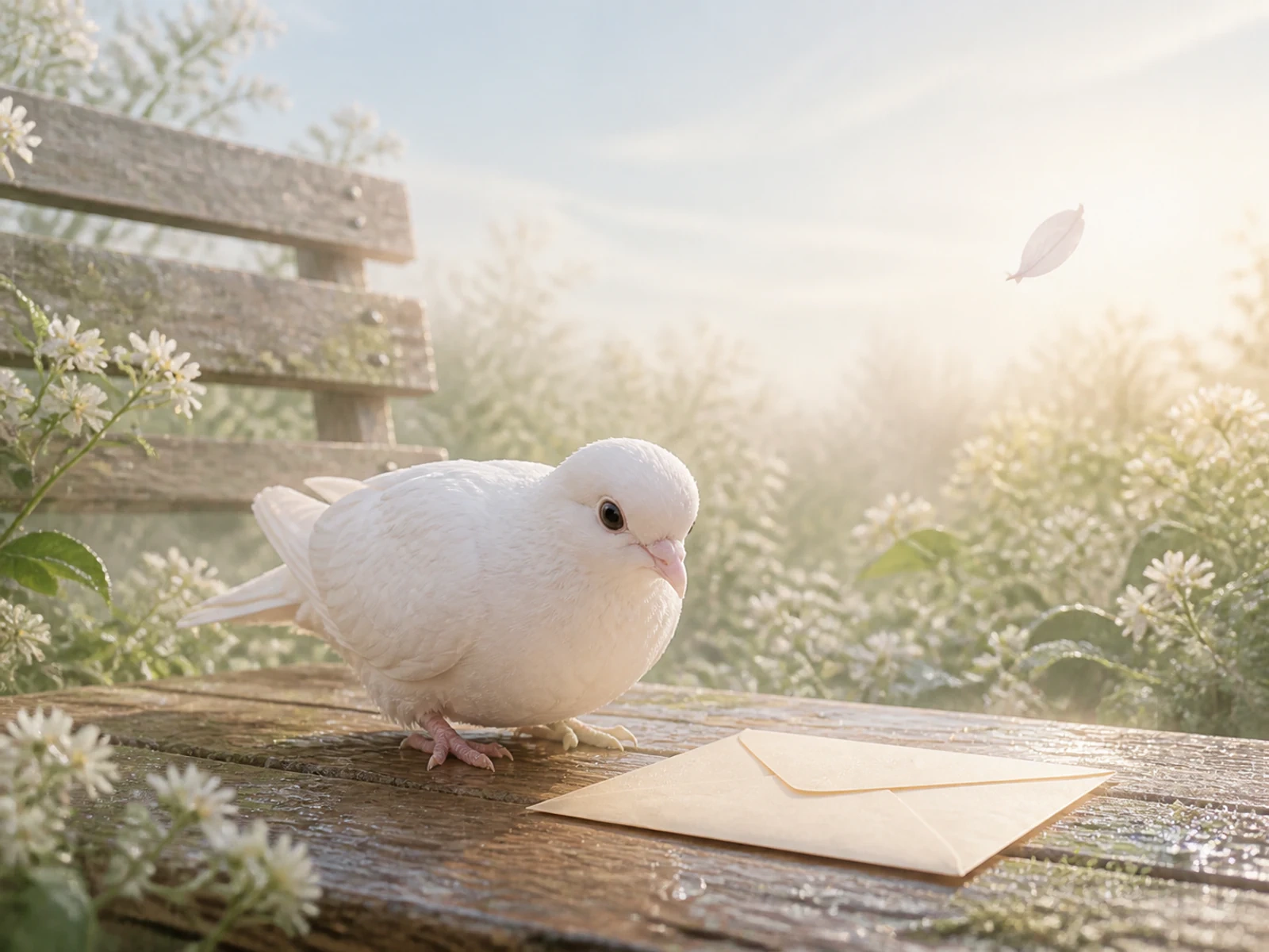 朝露の庭で宛先のない手紙を見つけた白い鳩のじむいん しーちゃん