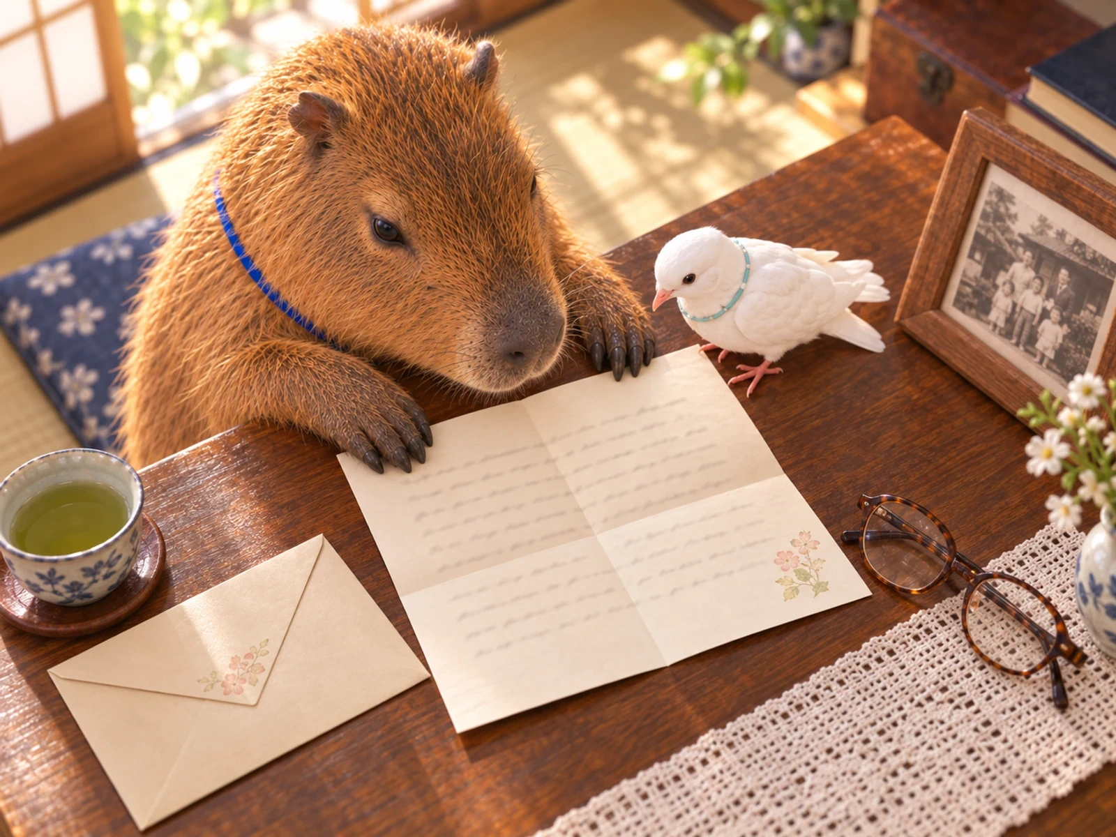 日本の家の机に広げた家族の手紙を、カピちゃんとしーちゃんが一緒に読む様子