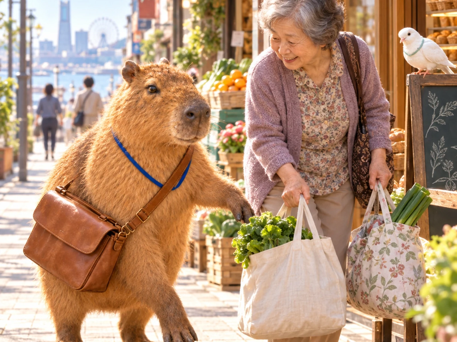 朝の横浜の商店街で、買い物袋を持つ女性へ穏やかに声をかけるカピちゃんと、店先から見守るしーちゃん