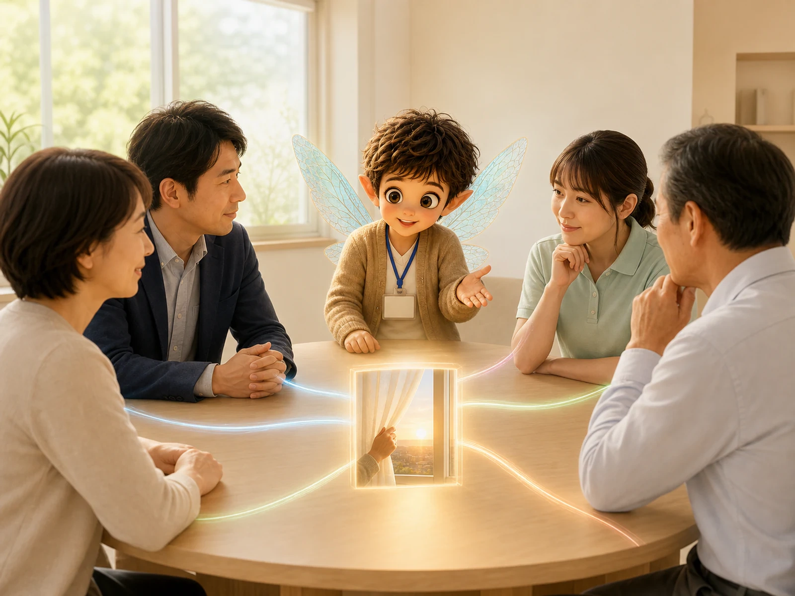 朝の窓辺で自分でカーテンを開ける願いを映した光を、会議の参加者と静かに見つめるさばくん