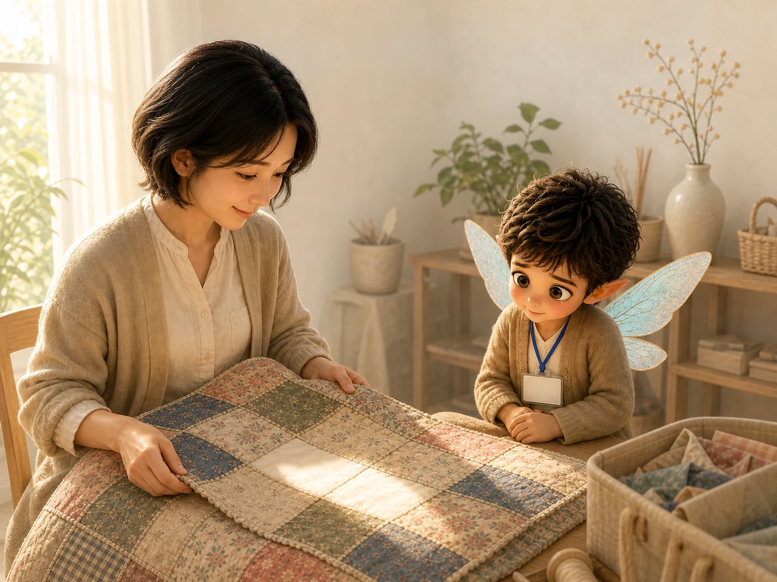 余白のあるキルトを膝へ掛けた家族の隣で、涙をたたえたまま穏やかにうなずく朝のさばくん