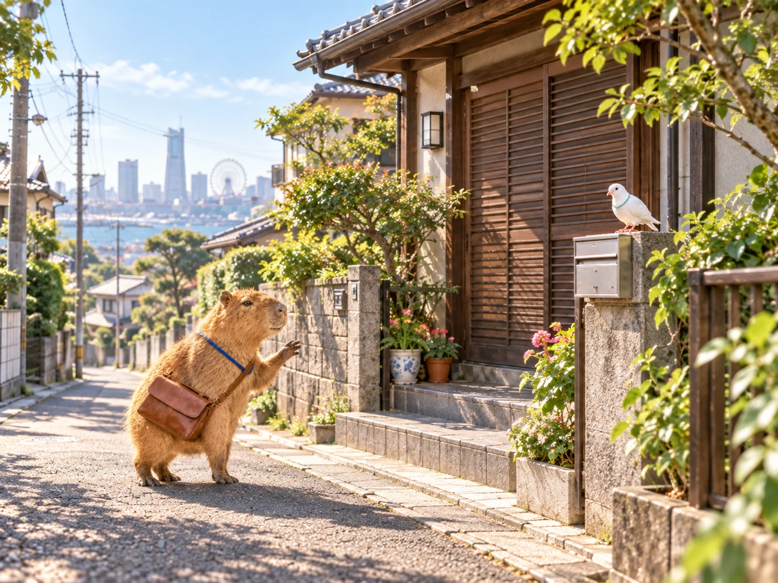 閉じた雨戸の日本家屋へ、少し離れた場所から優しく呼びかけるカピちゃん