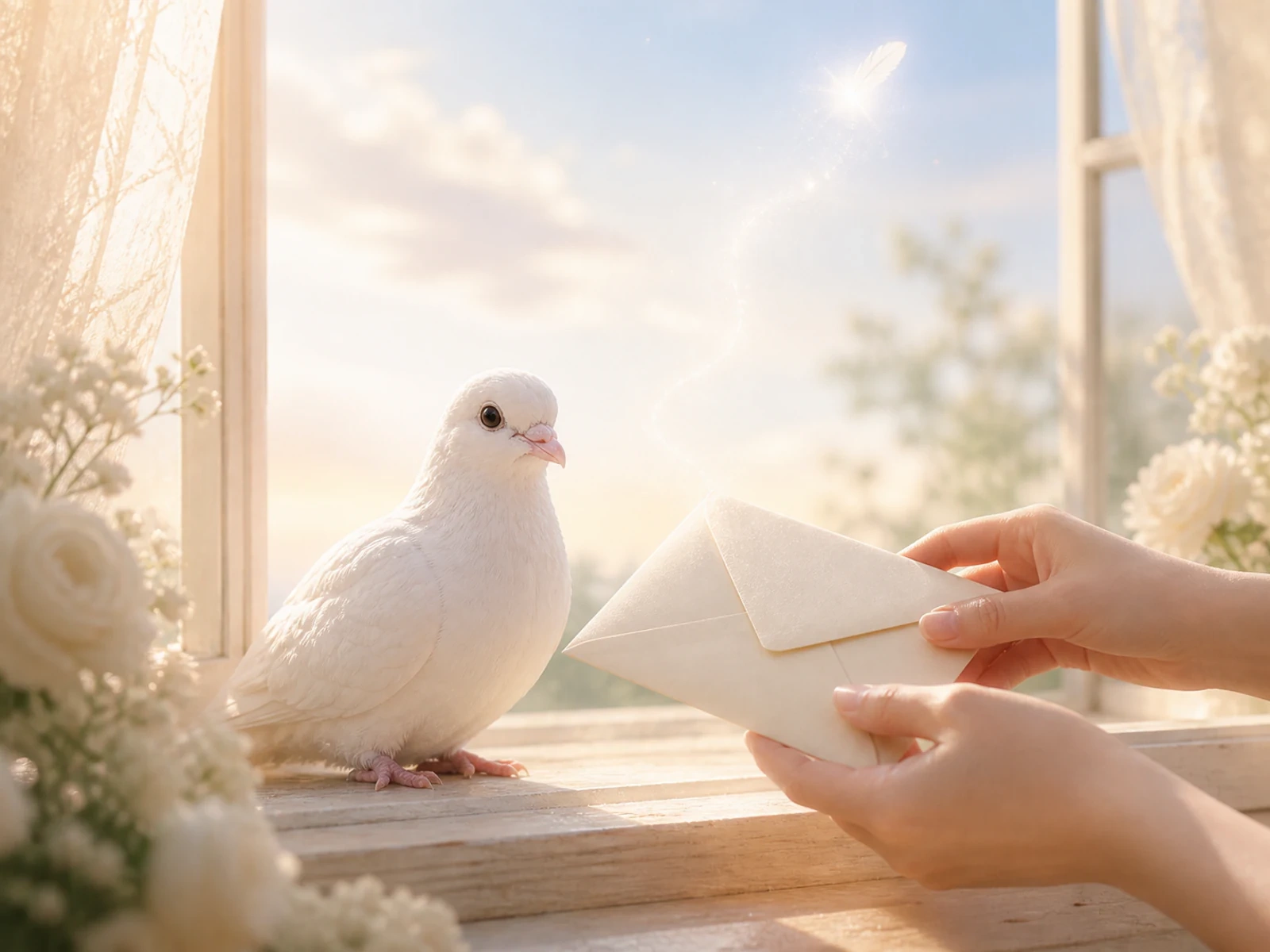朝の窓辺で宛先のない手紙をやさしい手へ届けた白い鳩のじむいん しーちゃん