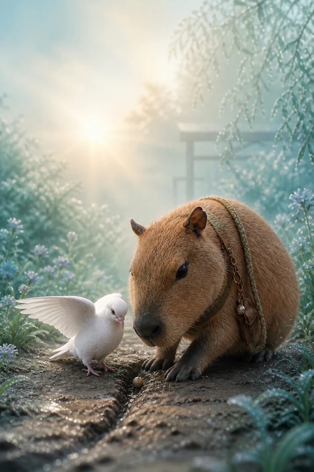 雨上がりの庭で小さな種を見つめ、風から守るカピちゃんと白い鳩のしーちゃん