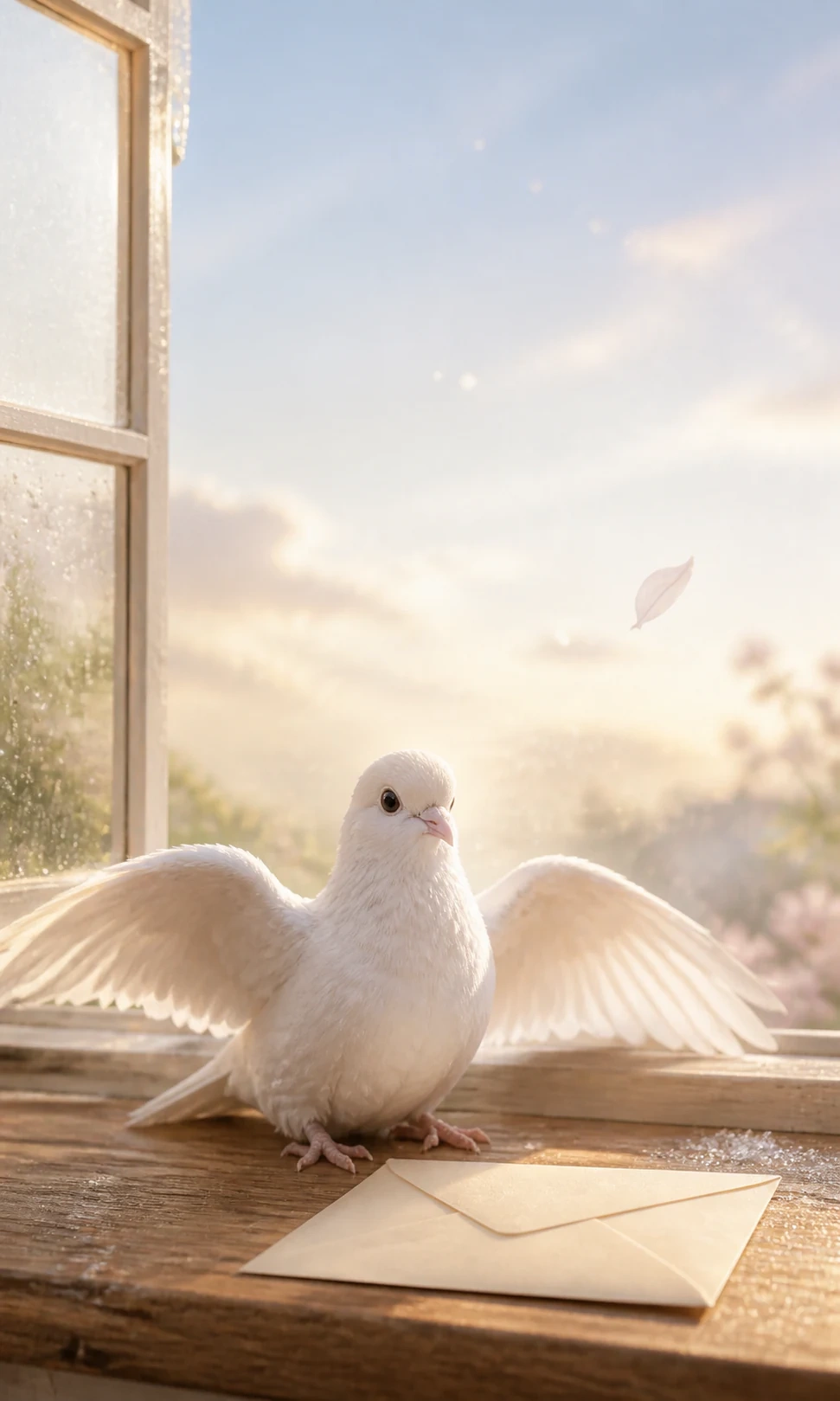 宛先のない手紙とともに朝の空へ羽ばたこうとする白い鳩のじむいん しーちゃん