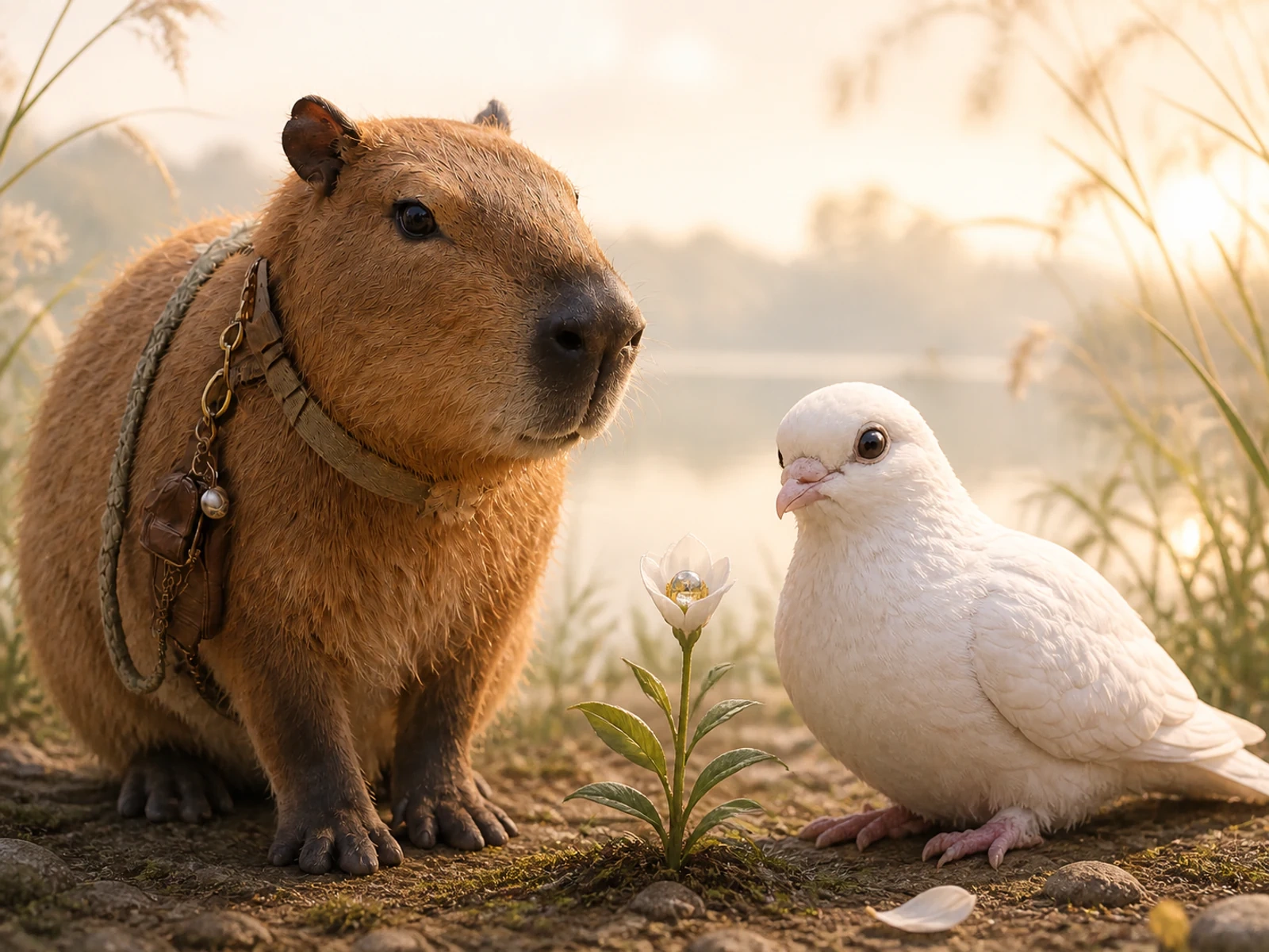 朝露を宿した一輪の白い花を、静かな喜びで見つめるカピちゃんとしーちゃん