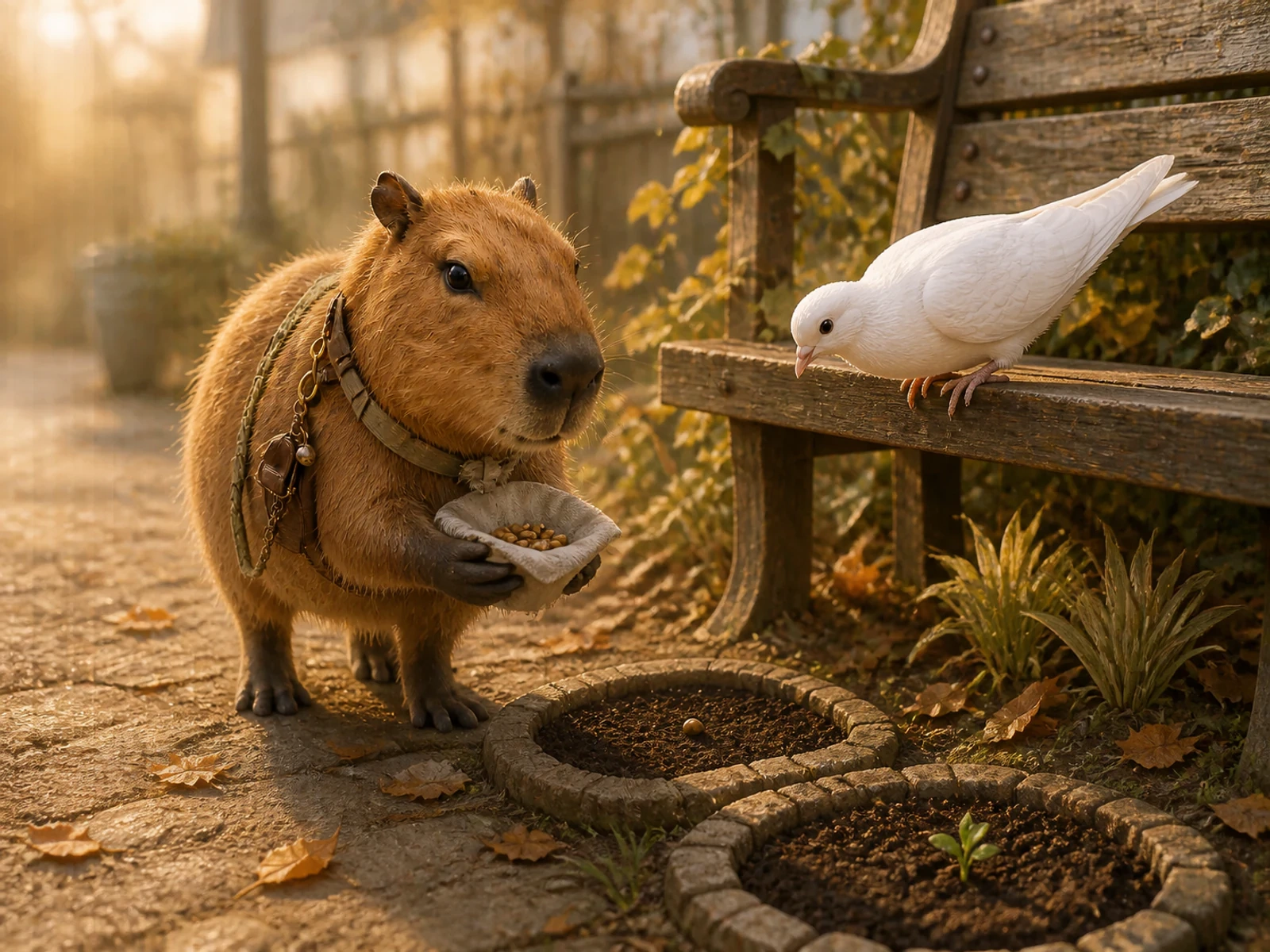 秋の古いベンチのそばで、布に包んだ種を土へ一粒ずつ預けるカピちゃんとしーちゃん