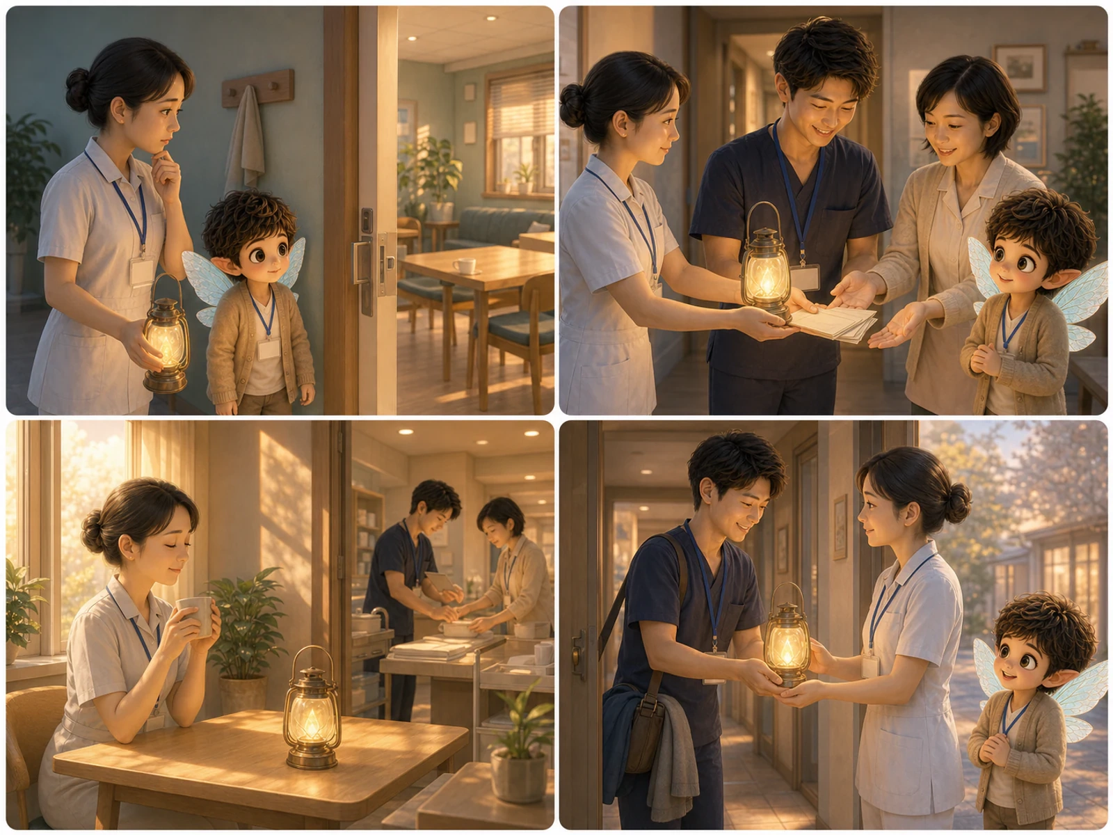 職員が灯りを引き継いで休み、戻った後は同僚の灯りを受け取るまでを描いた無言の4コマ漫画