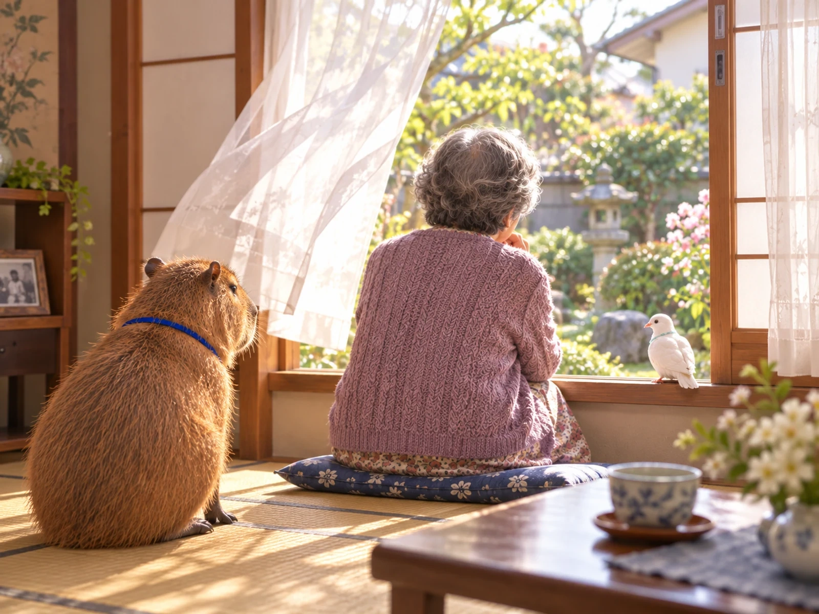 開いた窓と揺れるカーテンの向こうの庭を眺める女性と、静かに見守るカピちゃん
