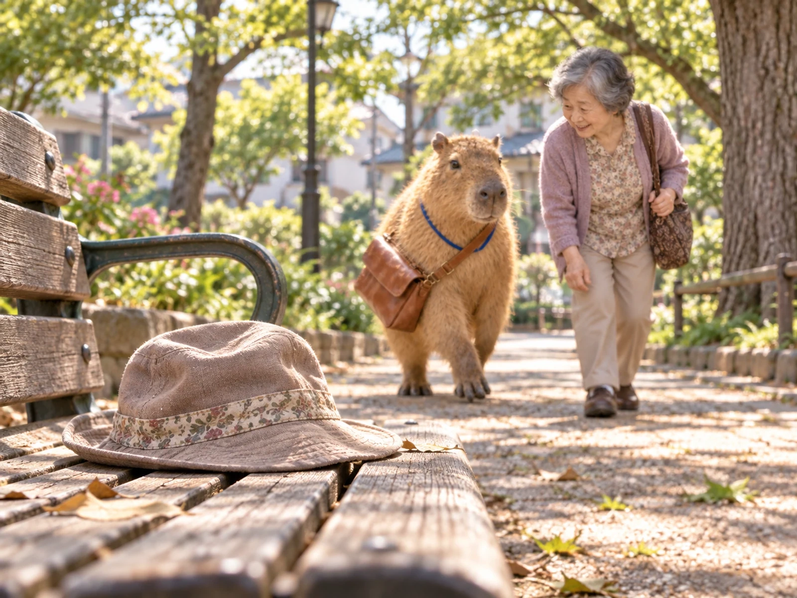 公園のベンチに残された帽子と、それに気づいて近づくカピちゃん