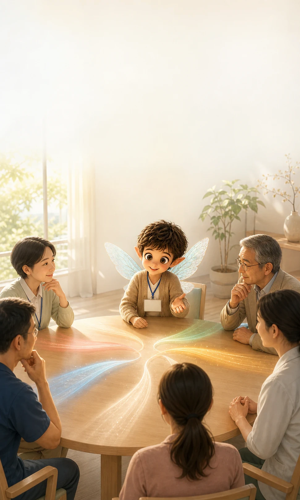 朝の光が入るケース会議の円卓で、それぞれの意見を表す光を静かに見守るさばくん