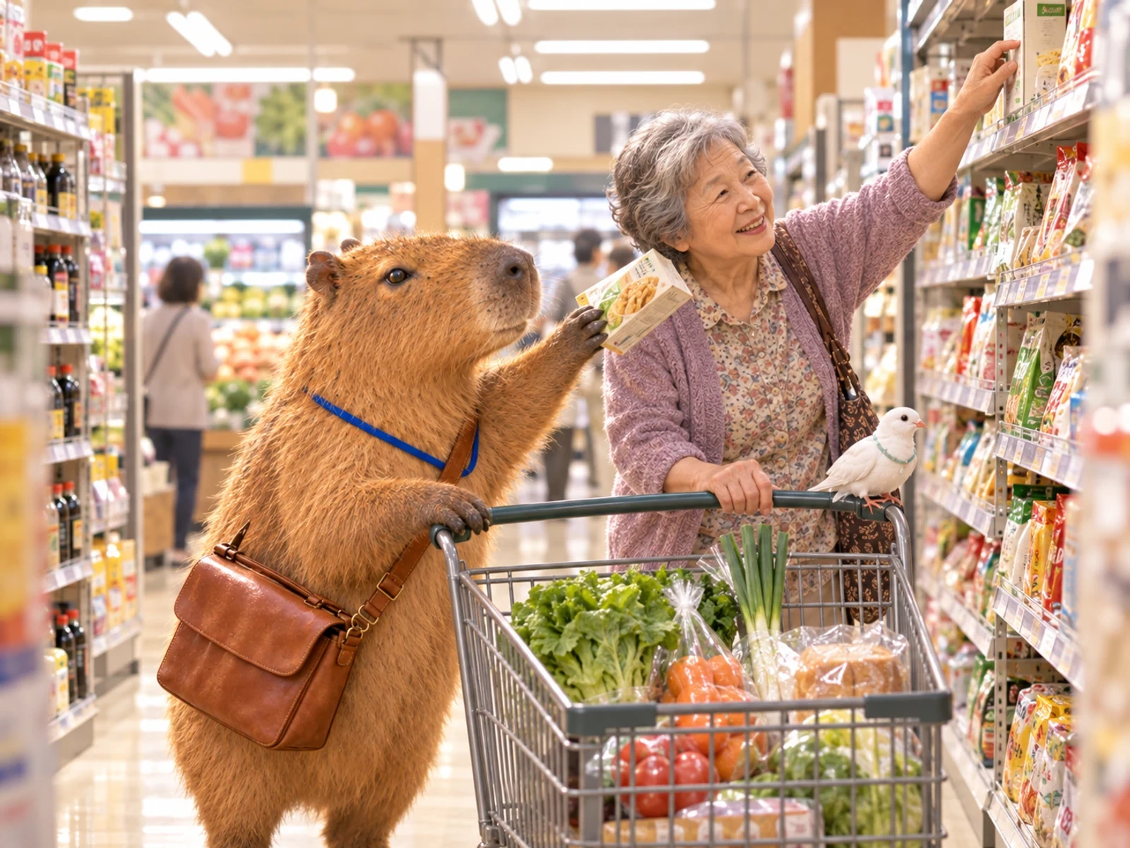 日本のスーパーで高い棚の商品を取ろうとする女性を手伝うカピちゃん