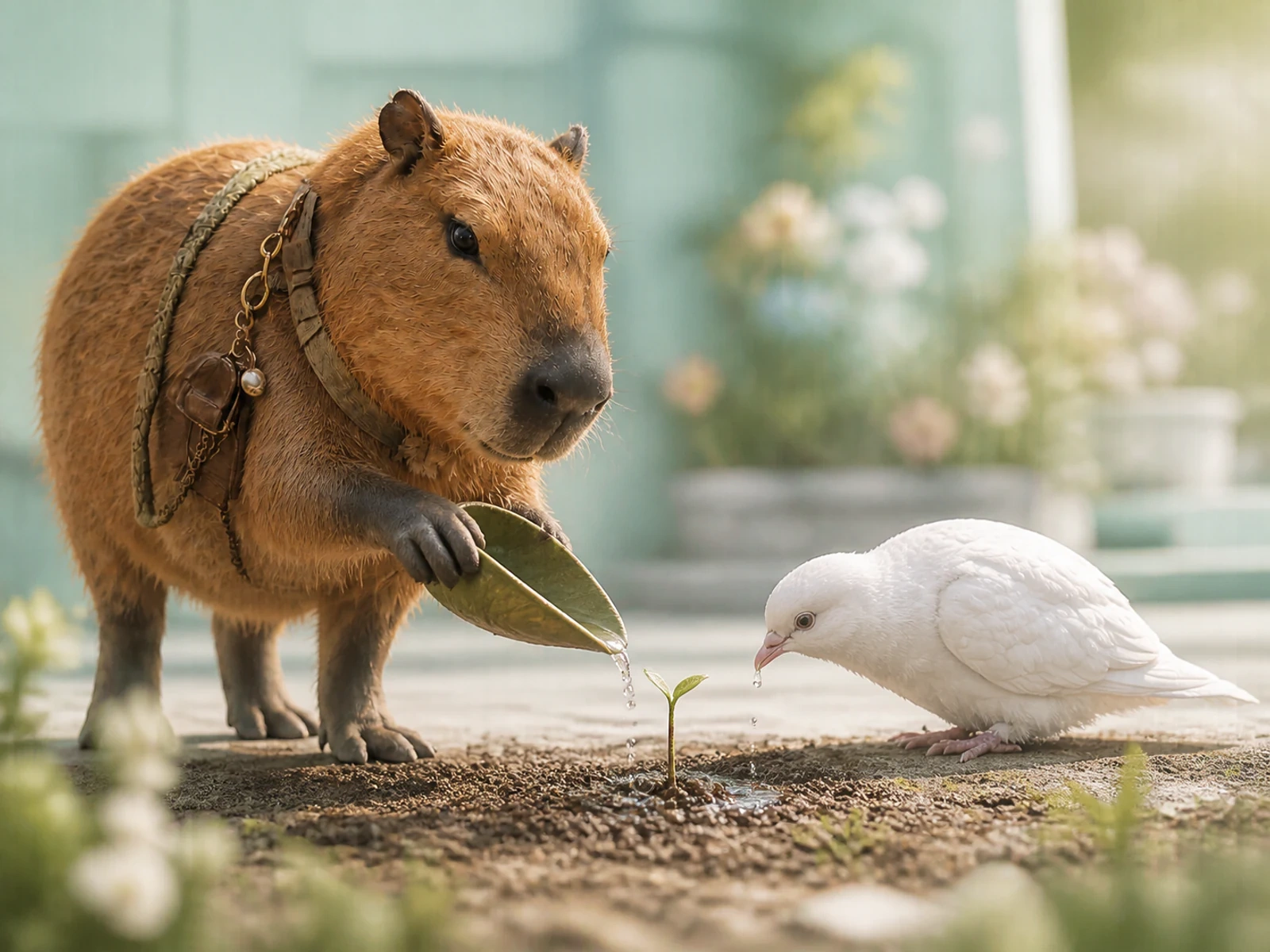 土から顔を出した小さな芽へ、葉の器とくちばしから一滴ずつ水を届けるカピちゃんとしーちゃん