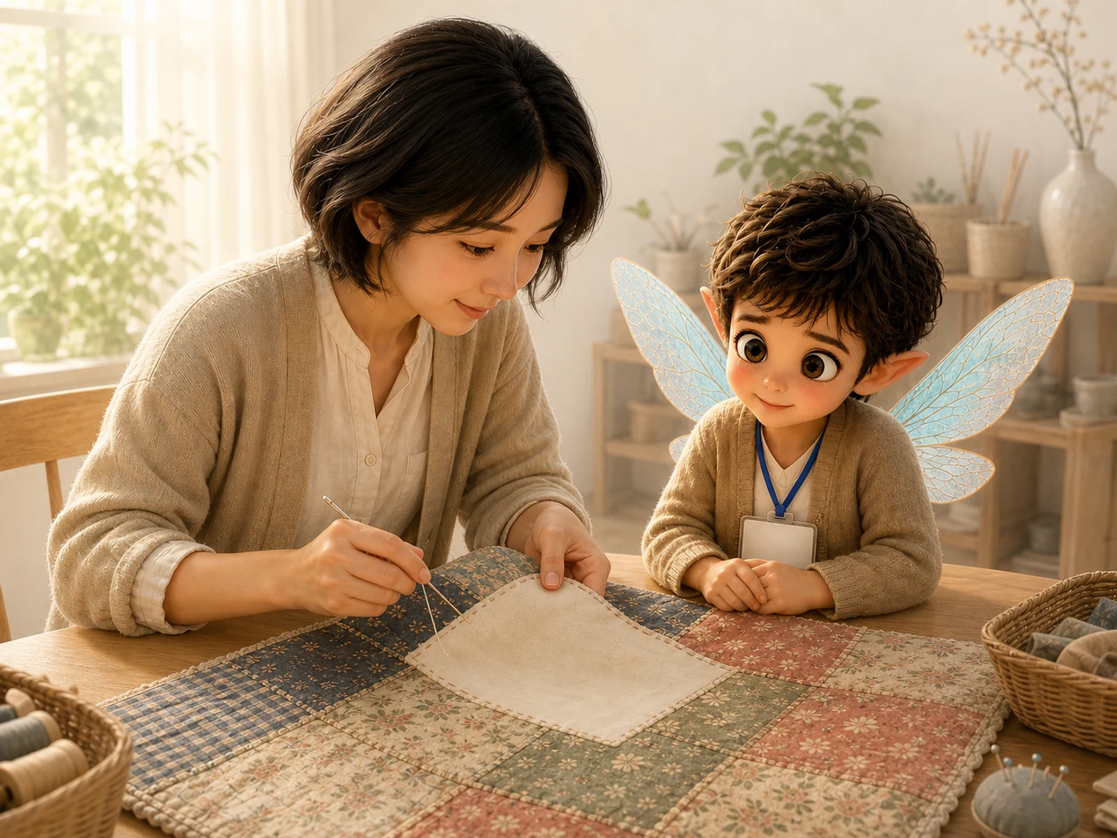 揃わない縫い目を隠さず、無地の生成り布をキルトの一角へゆっくり縫い込む家族と見守るさばくん