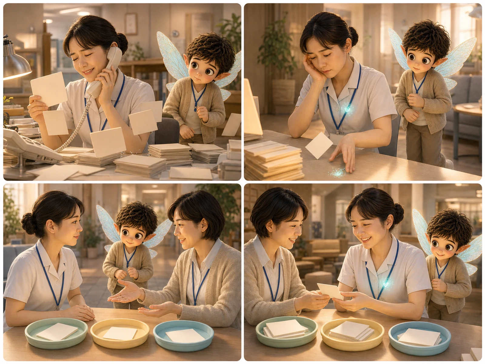 仕事を抱え込む職員が、同僚と仕事を三つに分け、一つを頼めるまでを描いた無言の4コマ漫画